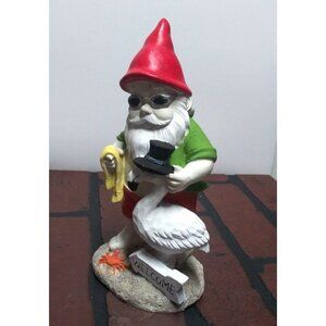 Garden Gnome Sculpture Statue Figurine w/crane / heron/ swan on the beach 8.5"